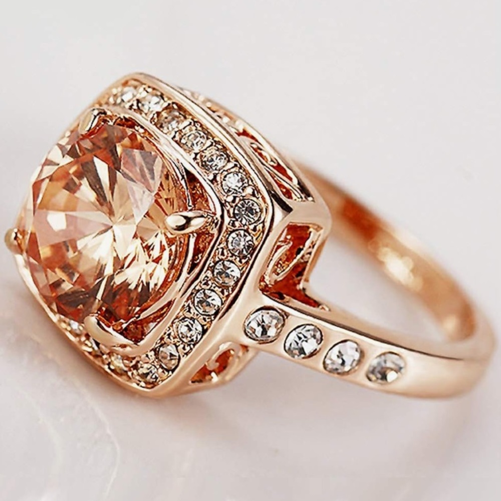 Cubic Zirc Yellow Topaz 18K Rose Gold Plated cocktail ring halo Austrian Crystal - Picture 2 of 16
